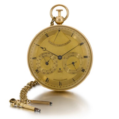 View full screen - View 1 of Lot 206. BREGUET | A VERY FINE GOLD QUARTER REPEATING WATCH WITH CALENDAR, YEAR INDICATION AND THERMOMETER NO. 1806 SOLD TO CAROLINE BONAPARTE, PRINCESS MURAT ON 25 MARCH 1807 FOR 4000 FRANCS AND LIKELY PURCHASED AS A GIFT BY THE PRINCESS FOR LE COMTE DE FLAHAULT.