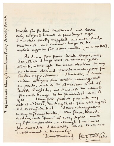 View full screen - View 1 of Lot 329. J.R.R. Tolkien | Autograph letter signed, to Tony Hall, September 1968.