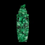 A mottled jadeite flattened vase and cover | 翠玉獸面紋瑞獸活環耳蓋瓶