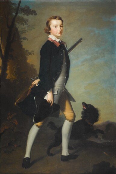 View full screen - View 1 of Lot 77. Portrait of Henry Hunter with a spaniel, full-length, standing in a landscape holding a flint-lock and his tricorn.