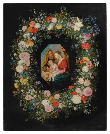 View full screen - View 1 of Lot 595. Holy Family within a floral garland.