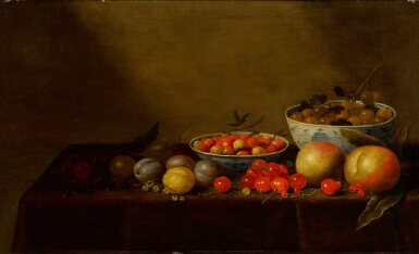 View full screen - View 1 of Lot 28. Still life of assorted fruit with two blue-and-white porcelain bowls.