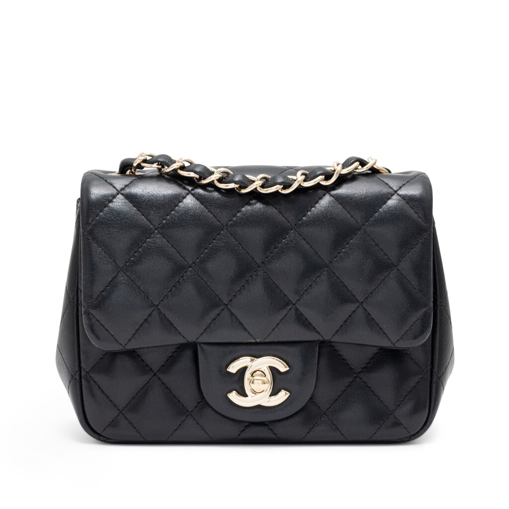 View full screen - View 1 of Lot 163. Black Quilted Lambskin Mini Square Classic Single Flap Bag Gold Hardware, 2015-2016.