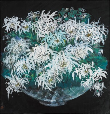 View full screen - View 1 of Lot 94. Lin Fengmian (1900 - 1991) Chrysanthemum Flowers in a Vase | 林風眠 (1900-1991年) 《菊花》設色紙本 鏡框.