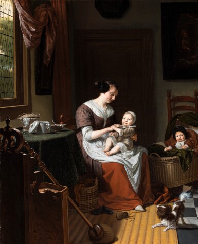 View full screen - View 1 of Lot 22. An interior scene with Eva Visscher (1661–1684), the artist’s first wife, with a child in her lap and another child in a cot, most likely Catarina (March 1680 – August 1681) and Johannis (b. February 1682).