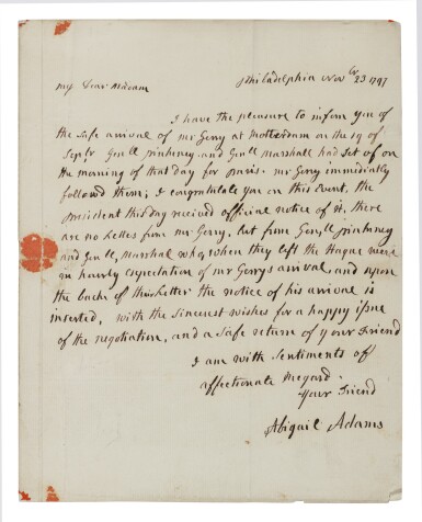 View full screen - View 1 of Lot 56. ABIGAIL ADAMS | A letter by Abigail Adams to Mrs. Elbridge Gerry conveying significant diplomatic news, addressed and franked by President John Adams.