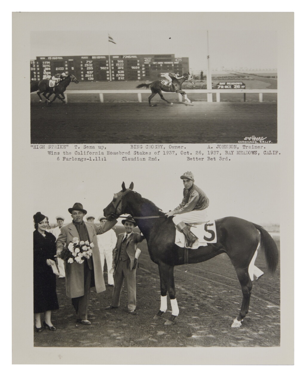 View full screen - View 1 of Lot 12. Bing Crosby | A photograph of Bing and his prize-winning horse "High Strike," ca. 1937.