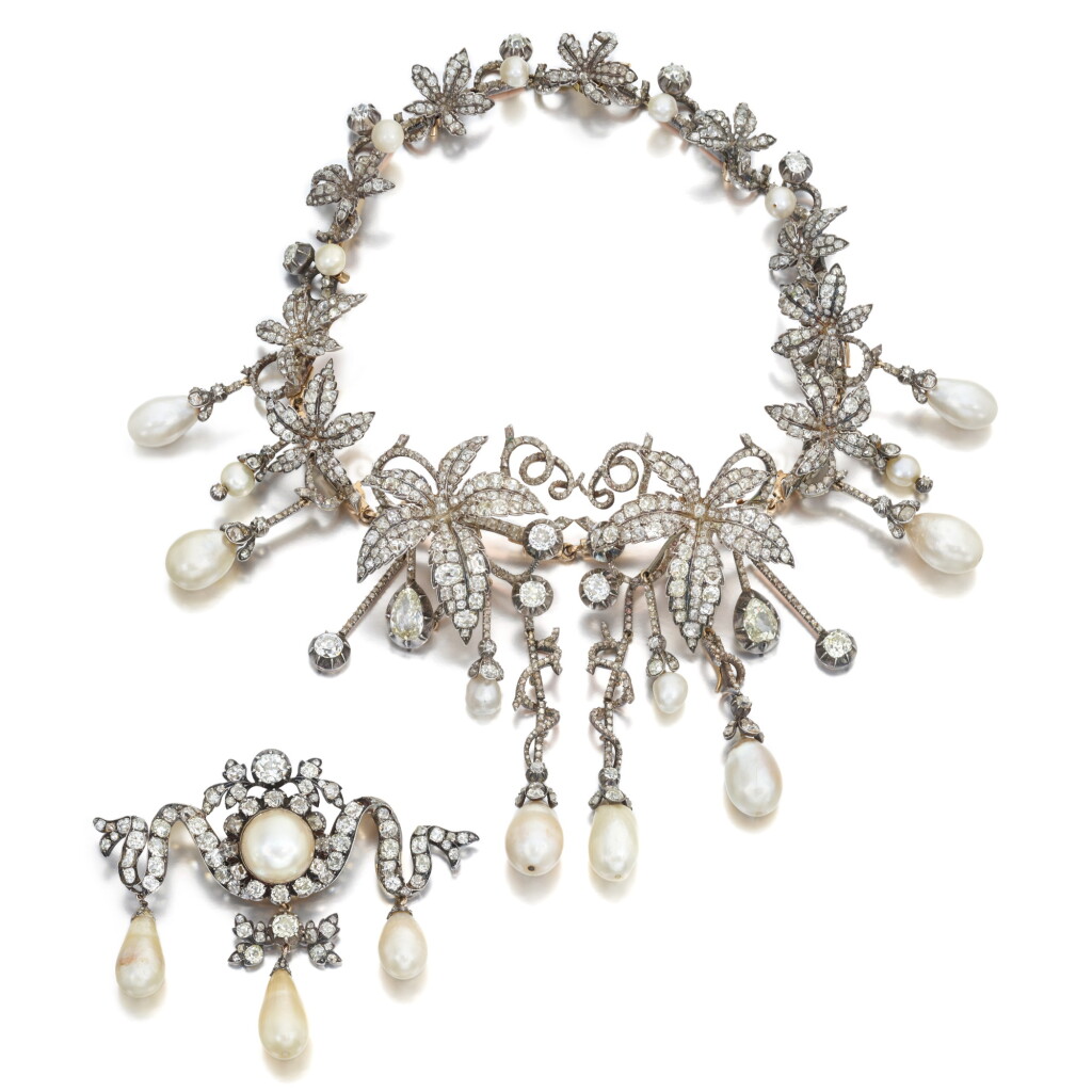 View full screen - View 1 of Lot 661. Rare and Historically Important Natural Pearl and Diamond Jewel and a Brooch 珍罕且重要歷史性 天然珍珠 配 鑽石 珠寶 及 胸針.