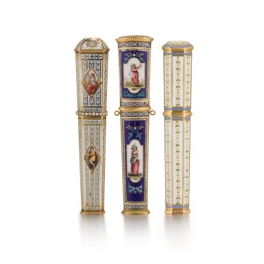 View full screen - View 1 of Lot 79. A group of three gold and enamel bodkin cases, Geneva and Paris, circa 1790.