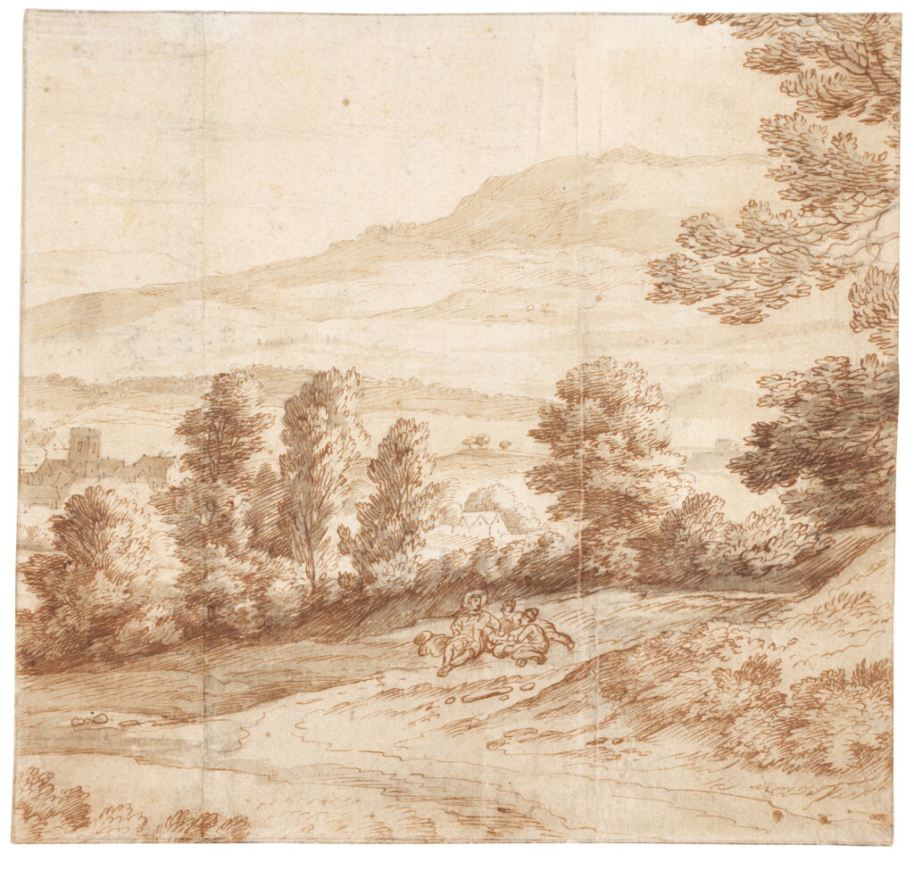 View full screen - View 1 of Lot 122. Landscape with travellers resting before a village, probably in England.
