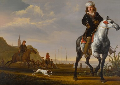 View full screen - View 1 of Lot 128. ATTRIBUTED TO JACOB VAN STRIJ | A COASTAL LANDSCAPE WITH RIDERS AND FISHERMEN.