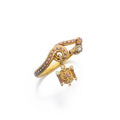 View full screen - View 1 of Lot 1137. Gold, ruby, seed pearl and diamond bangle, 1840s.