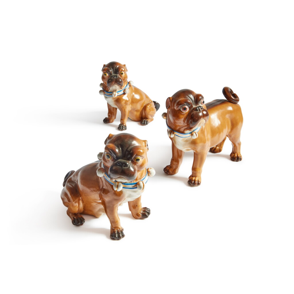 View full screen - View 1 of Lot 274. Three German Porcelain Figures of Pugs, Late 19th/ Early 20th Century.