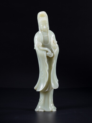 View full screen - View 1 of Lot 138. A pale celadon jade figure of Guanyin, Qing dynasty, circa 1900.