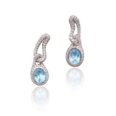 View full screen - View 1 of Lot 451. Pair of Aquamarine and Diamond Pendant-Earclips.