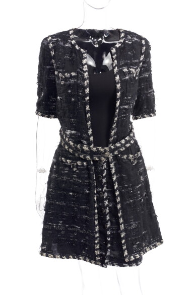 View full screen - View 1 of Lot 173. MIDNIGHT BLUE AND METALLIC COAT AND SKIRT , CHANEL.