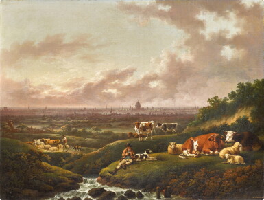 View full screen - View 1 of Lot 79. London, a distant view of the city from the south with a herdsman and cattle by a stream in the foreground.