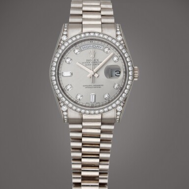 View full screen - View 1 of Lot 26. Day-Date, Reference 118389 A white gold wristwatch with day, date and bracelet Circa 2008 | 勞力士 | Day-Date 型號 118389 白金鍊帶腕錶備星期及日期顯示,製作年份約 2008.