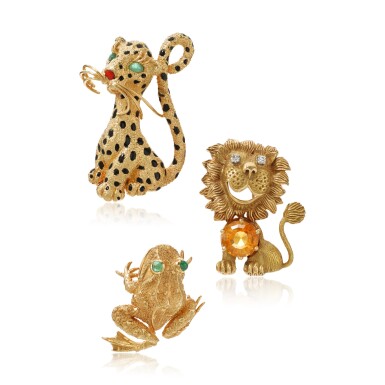 View full screen - View 1 of Lot 726. Two gold, Gem-Set and Enamel Brooches, ‘La Boutique’, Van Cleef & Arpels, and a Gold, Citrine and Diamond Brooch.