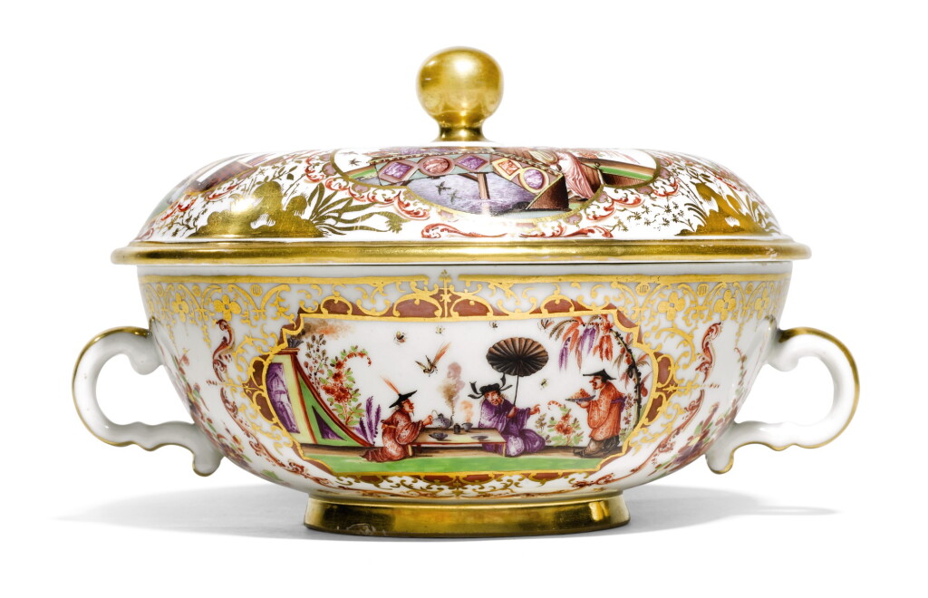 View full screen - View 1 of Lot 54. A Meissen chinoiserie two-handled circular bowl and cover, Circa 1728.