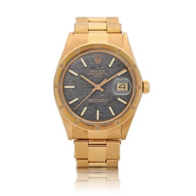 View full screen - View 1 of Lot 2184. Oyster Perpetual Date, Reference 1501 | A pink gold wristwatch with date, charcoal linen dial and bracelet, Circa 1973 | 勞力士 | Oyster Perpetual Date 型號1501 | 粉紅金鏈帶腕錶,備日期顯示,約1973年製.