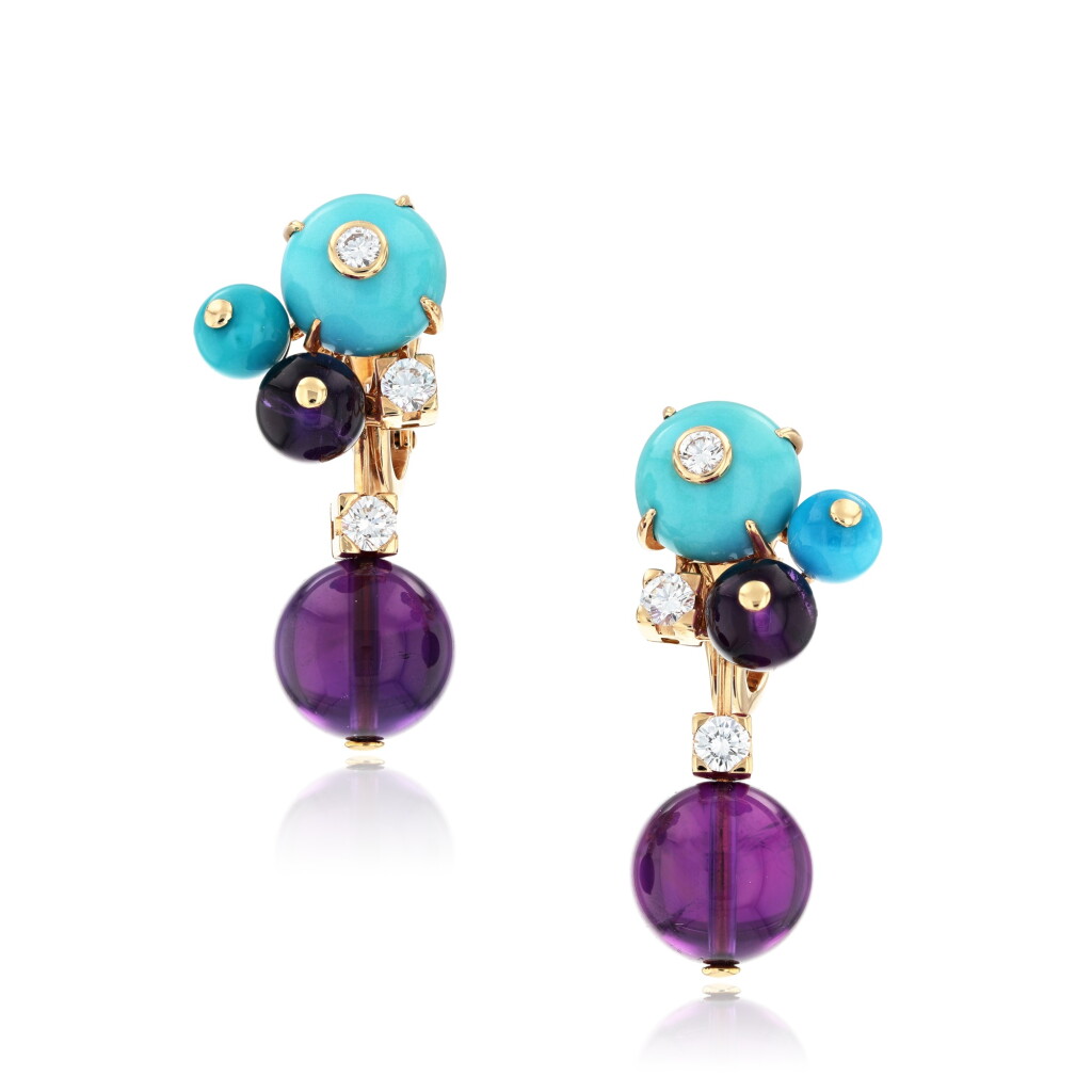 View full screen - View 1 of Lot 266. Pair of turquoise, amethyst and diamond pendent earrings, 'Délices de Goa' .