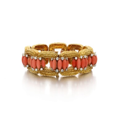 View full screen - View 1 of Lot 198. A coral and diamond bracelet, circa 1970.