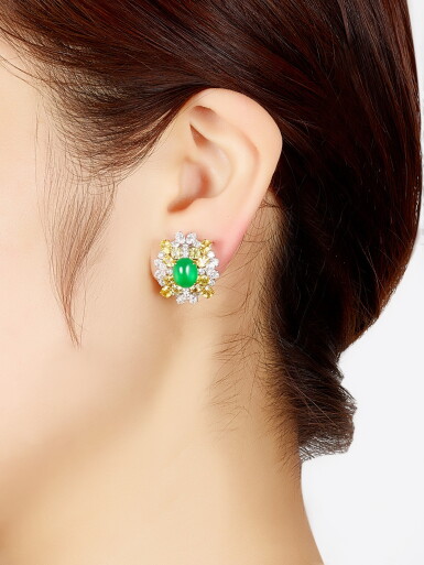 View full screen - View 1 of Lot 1112. PAIR OF JADEITE, YELLOW SAPPHIRE AND DIAMOND EARRINGS | 天然翡翠 配 黃色剛玉 及 鑽石 耳環一對.