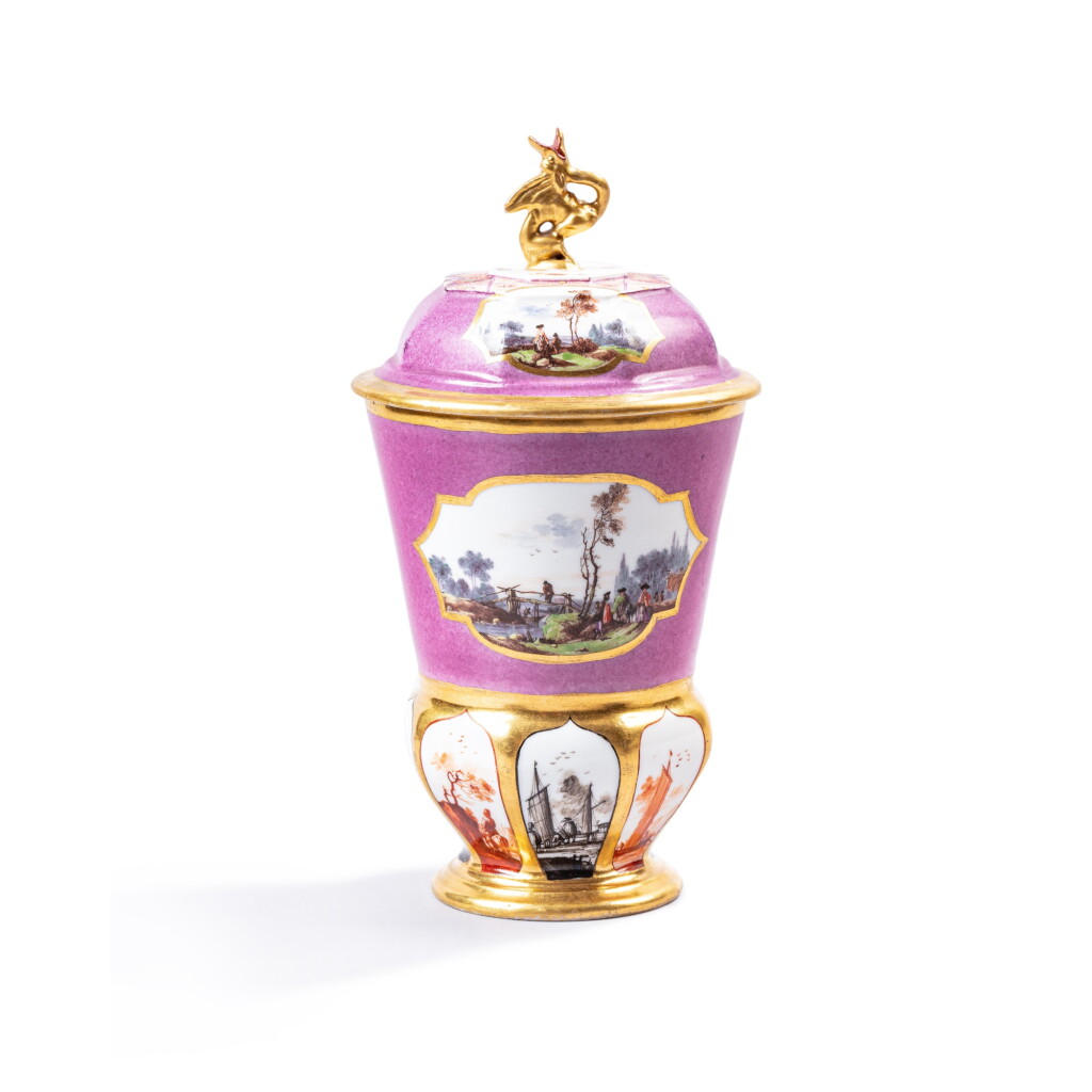 View full screen - View 1 of Lot 14. A Meissen porcelain purple-ground octagonal flared beaker and cover, circa 1735.