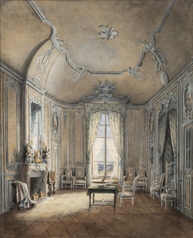 View full screen - View 1 of Lot 260. FRENCH SCHOOL, 19TH CENTURY, Interior of a Salon in Louis XVI style | ECOLE FRANÇAISE, XIXE SIÈCLE, Salon de style Louis XVI.