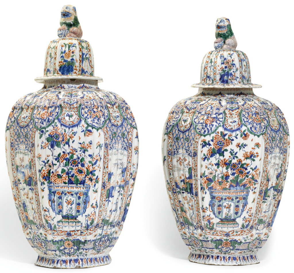 View full screen - View 1 of Lot 77. A PAIR OF DELFT CASHMERE PALETTE VASES AND COVERS, CIRCA 1700-20.