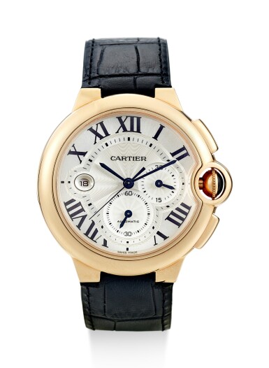 View full screen - View 1 of Lot 8100. CARTIER | BALLON BLEU, A PINK GOLD AUTOMATIC CHRONOGRAPH WRISTWATCH WITH DATE AND REGISTER, CIRCA 2015.