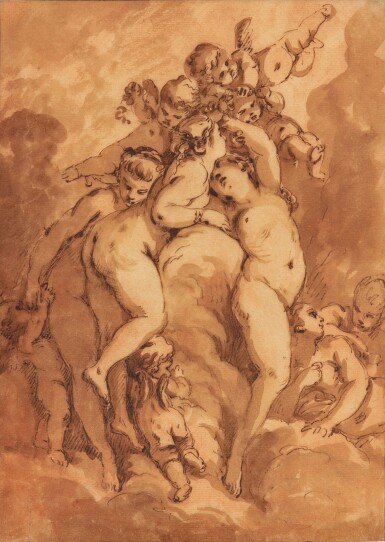 View full screen - View 1 of Lot 120. The Three Graces sorrounded by cupids and nymphs | Les Trois Grâces entourées d'Amours et de nymphes.
