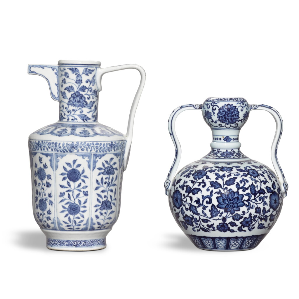 View full screen - View 1 of Lot 169. A Ming-style blue and white ewer, and a blue and white double-gourd vase, 20th century .
