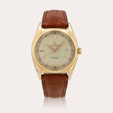 View full screen - View 1 of Lot 396. Oyster Perpetual 'Ovettone', reference 6031 Montre bracelet en or rose avec date | Pink gold wristwatch with date Vers 1950 | Circa 1950.