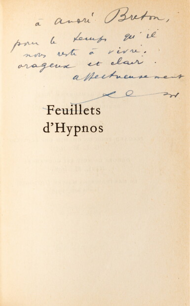 View full screen - View 1 of Lot 89. Feuillets d’Hypnos. Gallimard, 1946. Édition originale. Exemplaire d'André Breton, avec envoi..