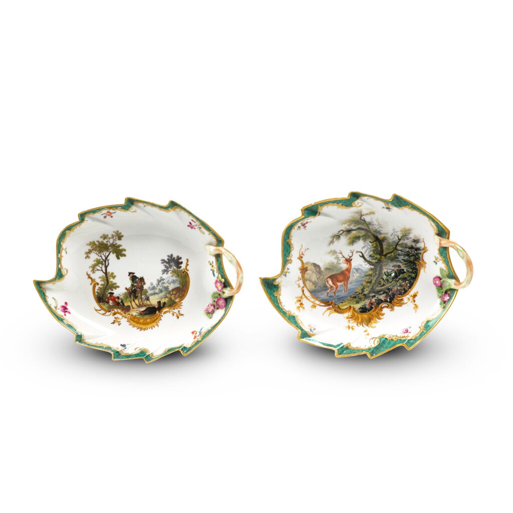 View full screen - View 1 of Lot 71. A Rare Pair of Meissen Leaf-Shaped Dishes from the Hunting Service made for Empress Catherine the Great of Russia, Circa 1766.