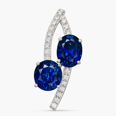 View full screen - View 1 of Lot 1394. Sapphire and Diamond Pendant | 5.58 及 4.78克拉 天然未經加熱藍寶石 配 鑽石 吊墜.