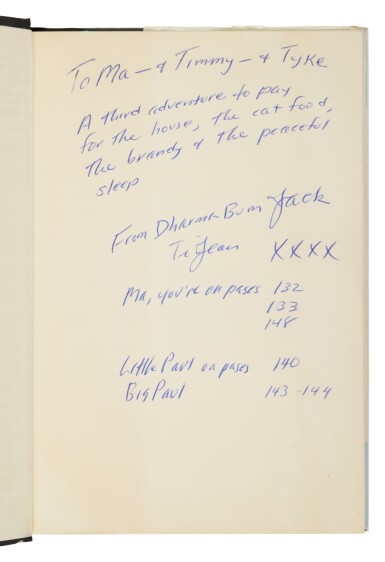 View full screen - View 1 of Lot 56. Kerouac, Jack | The Dharma Bums, inscribed to his mother and her two cats .