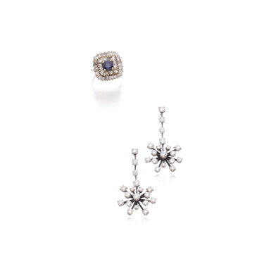 View full screen - View 1 of Lot 1046. Pair of diamond pendent earrings and a sapphire ring.