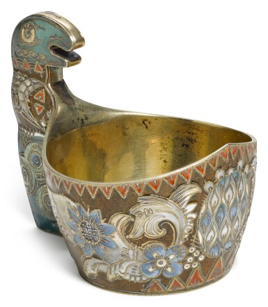 View full screen - View 1 of Lot 147. A Fabergé silver-gilt, shaded and cloisonné enamel kovsh, workmaster Feodor Rückert, Moscow, 1908-1917.