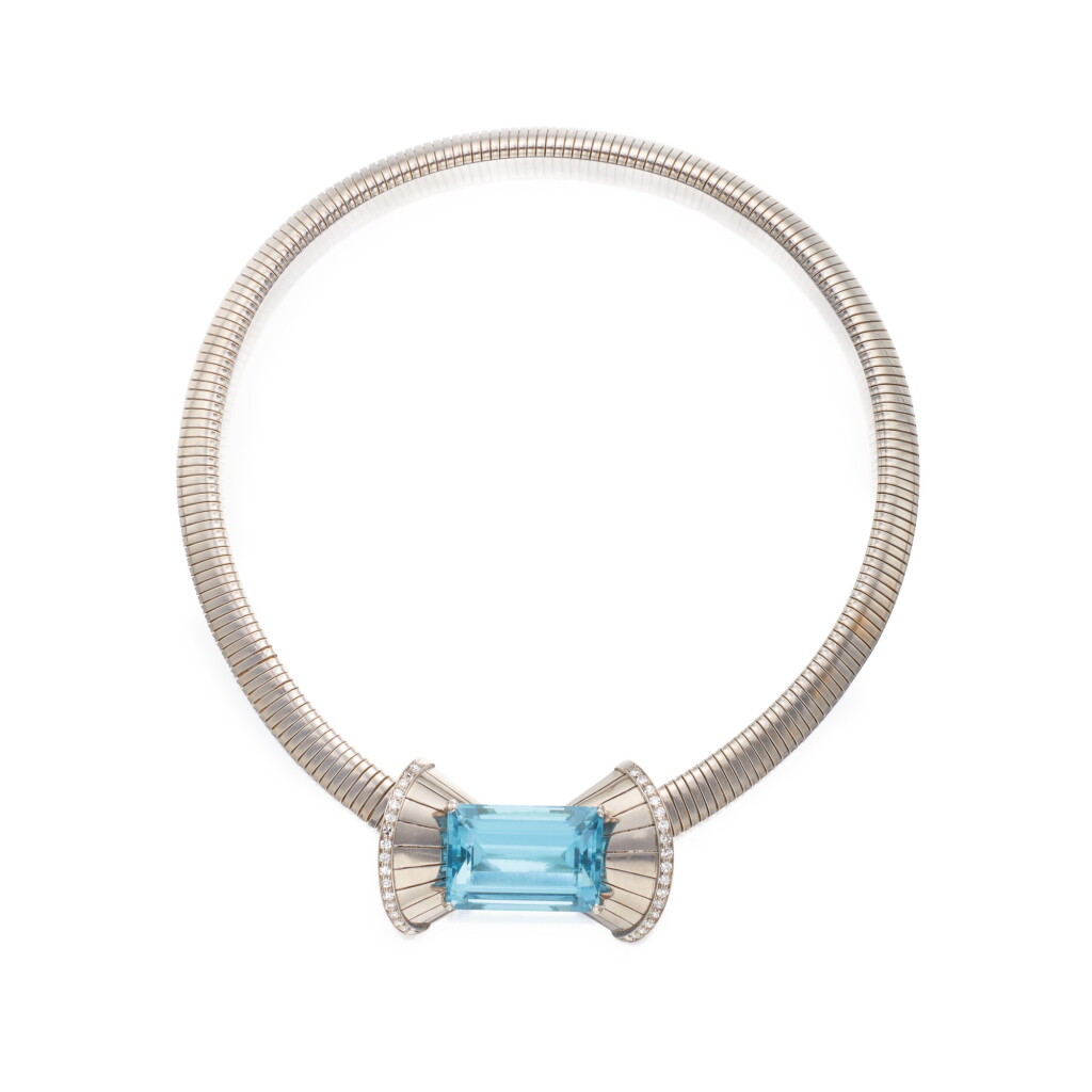 View full screen - View 1 of Lot 232. Aquamarine and Diamond Necklace-Brooch Combination.