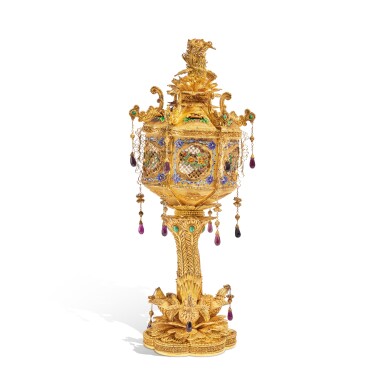 View full screen - View 1 of Lot 42. A Large Chinese Silver-Gilt Filigree, Enamel, and Hardstone Lantern-Form Spice Container, 20th Century.
