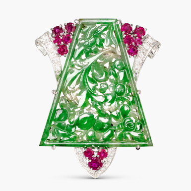 View full screen - View 1 of Lot 1530. Carved Jadeite, Ruby and Diamond Clip Brooch | 天然翡翠 配 紅寶石 配 鑽石 胸針.