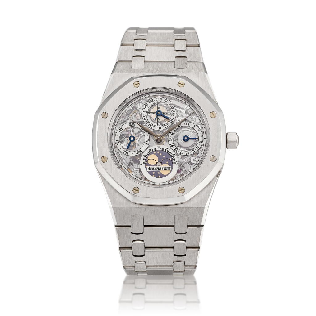 View full screen - View 1 of Lot 2051. Royal Oak Quantieme Perpetuel, Reference 25829 | A platinum skeletonized perpetual calendar bracelet watch with moon phases and leap year indiciation, Circa 2003 | 愛彼 | 皇家橡樹系列 Quantieme Perpetuel 型號25829 | 鉑金萬年曆鏤空鏈帶腕錶,備月相及閏年顯示,約2003年製.