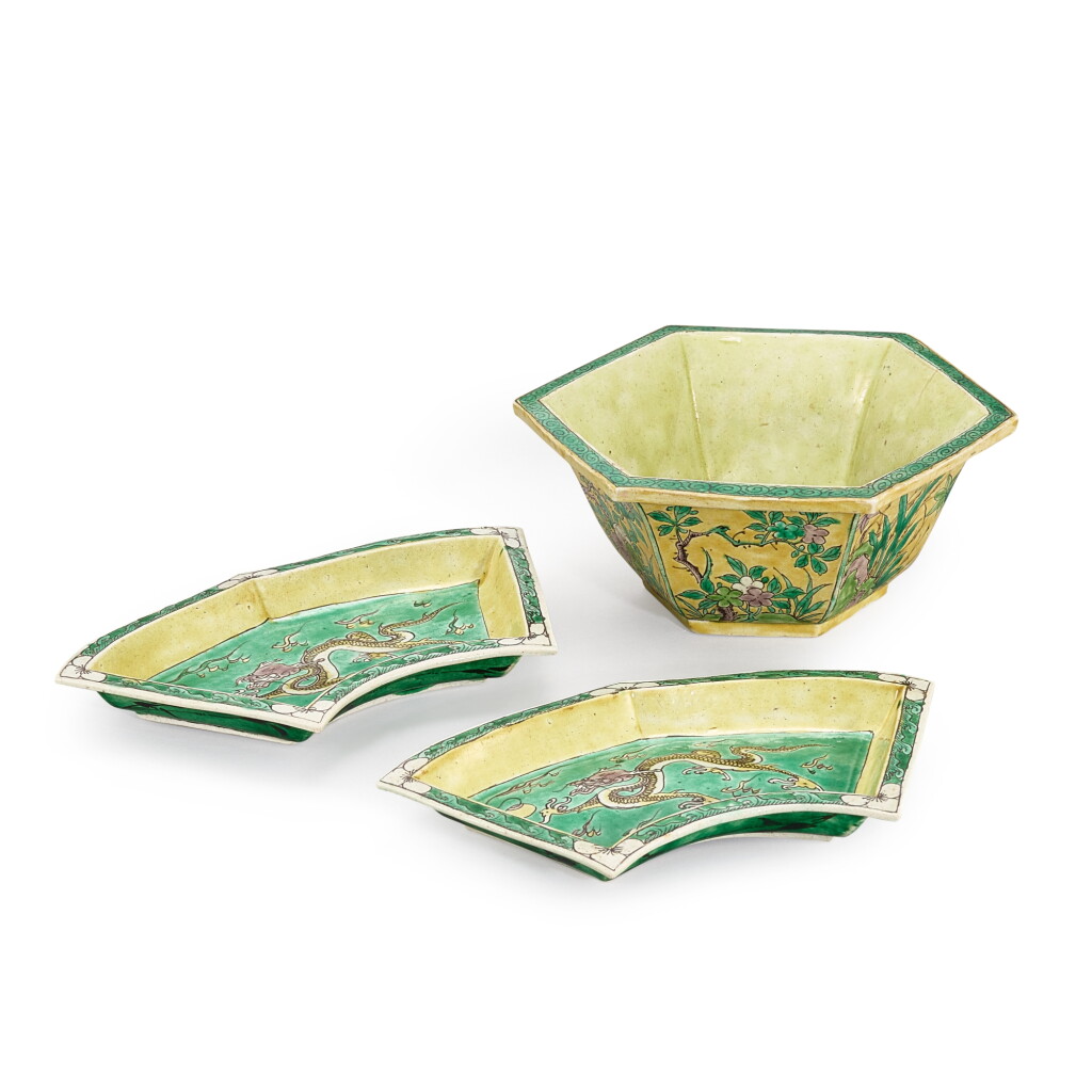 View full screen - View 1 of Lot 391. A group of yellow-ground sancai bowl and dishes, Qing dynasty, Kangxi period 清康熙 黃地素三彩六方盌及攢盤一組三件.