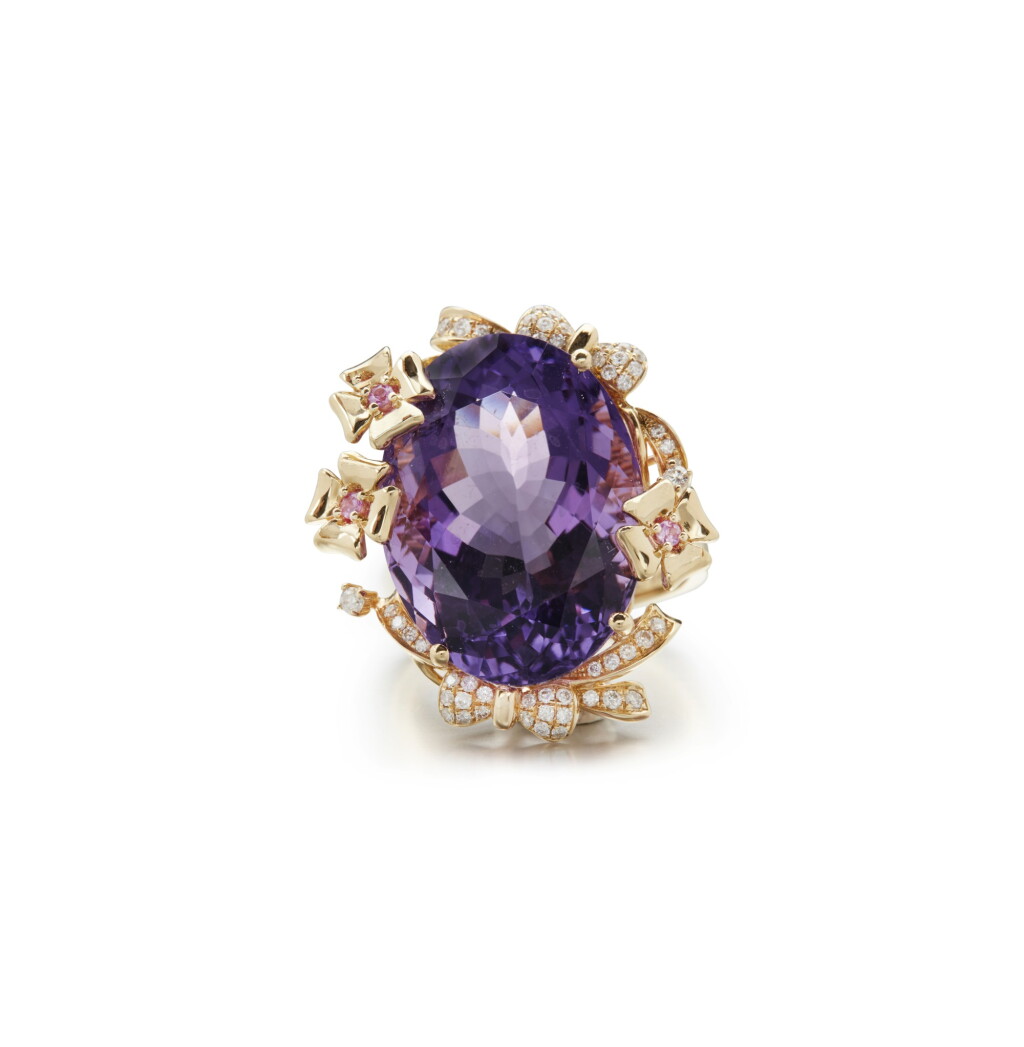 View full screen - View 1 of Lot 68. AMETHYST, PINK SAPPHIRE AND DIAMOND RING.