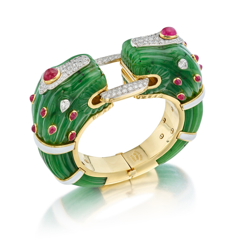 View full screen - View 1 of Lot 21. Nephrite, Enamel, Ruby and Diamond 'Chimera' Bracelet.