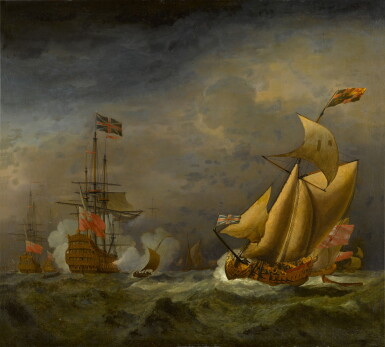 View full screen - View 1 of Lot 358. An English man-o'-war saluting an English royal yacht, in choppy seas.