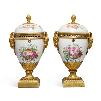 View full screen - View 1 of Lot 59. A Pair of Louis XVI Gilt-Bronze Mounted Sèvres Porcelain Vases Oeuf, Circa 1785.